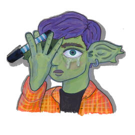 artist pfp: a drawing of a little goblin with purple hair, holding a pen in one hand to cover their right eye, while the left eye drips a sparkling tear.